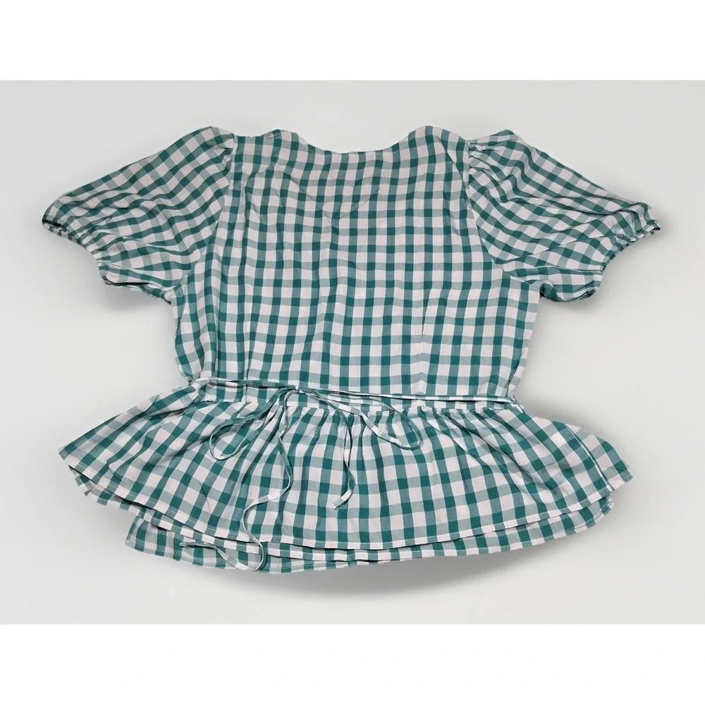 LOFT‎ Womens Green Gingham Puff Sleeve Peplum Wrap Top Size L V-Neck Tie Side
